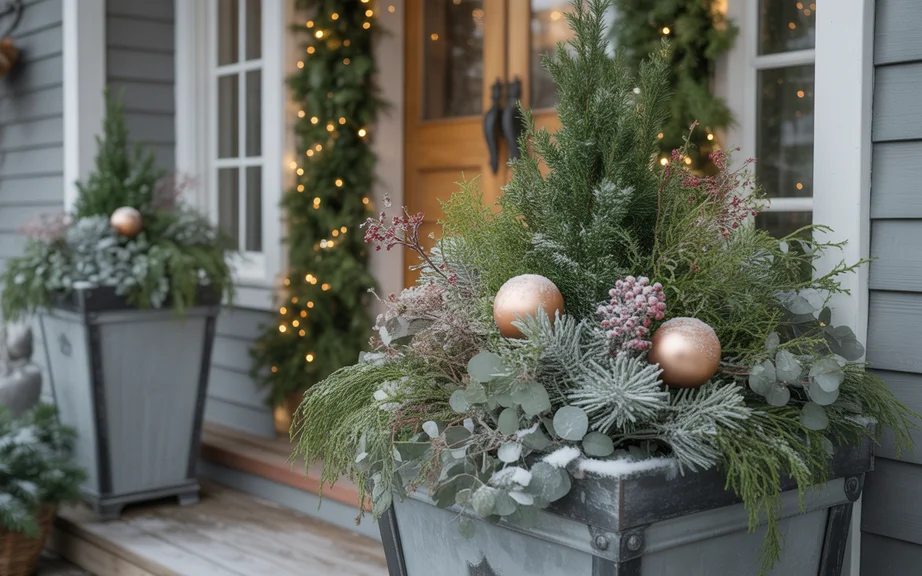Snow-Covered Porch Planters