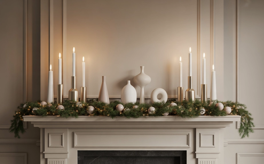 modern christmas mantel decorated with clean minimalist lines