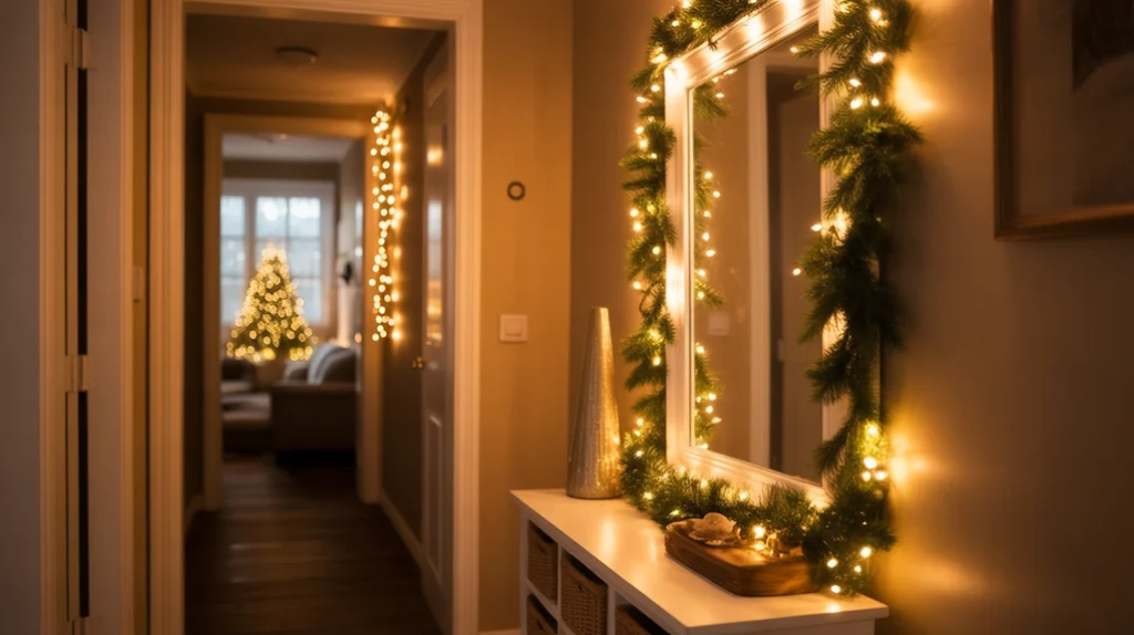 Fairy lights adding a soft winter glow along a decorated Christmas hallway