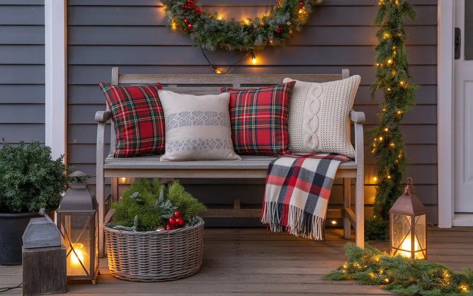 Cozy Porch Bench with Christmas Pillows