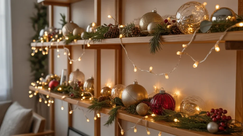 Pre-lit garlands on shelves spreading soft warm lighting through Christmas living room