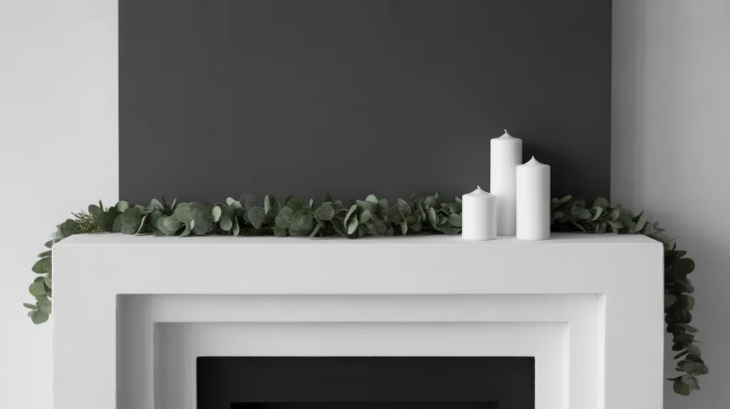 Minimalist monochrome Christmas mantel with black and white holiday styling and simple garland design