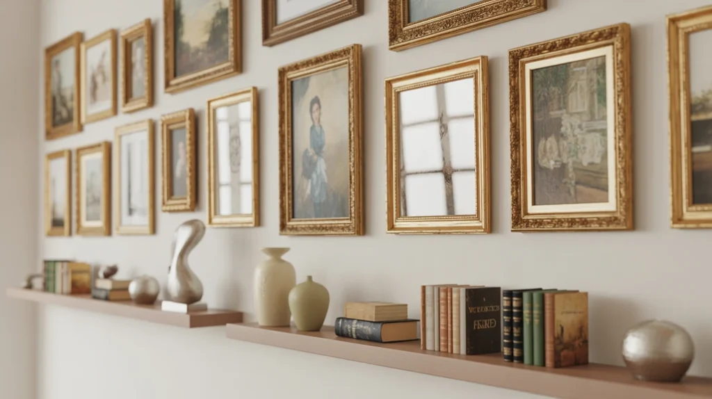 “Vintage artwork and accessories styled in an elegant living room.”