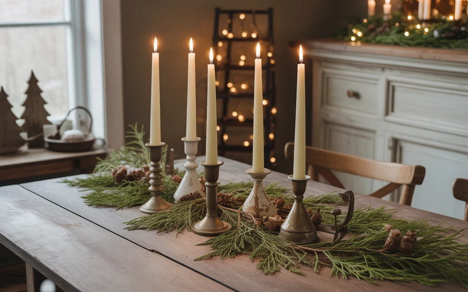 Vintage Candleholders with Winter Greenery