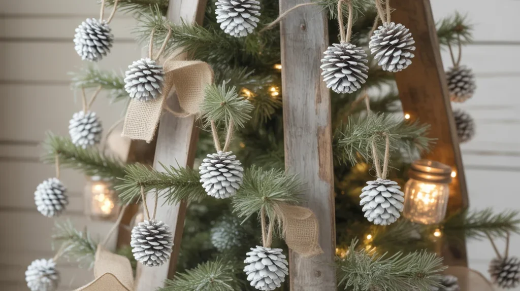 White-painted pinecone ornaments on a cozy farmhouse-style Christmas tree