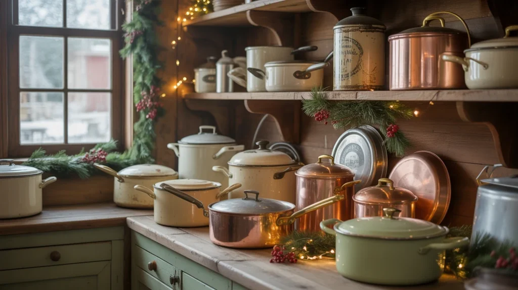 antique cookware and enamel pots displayed as farmhouse christmas kitchen decor