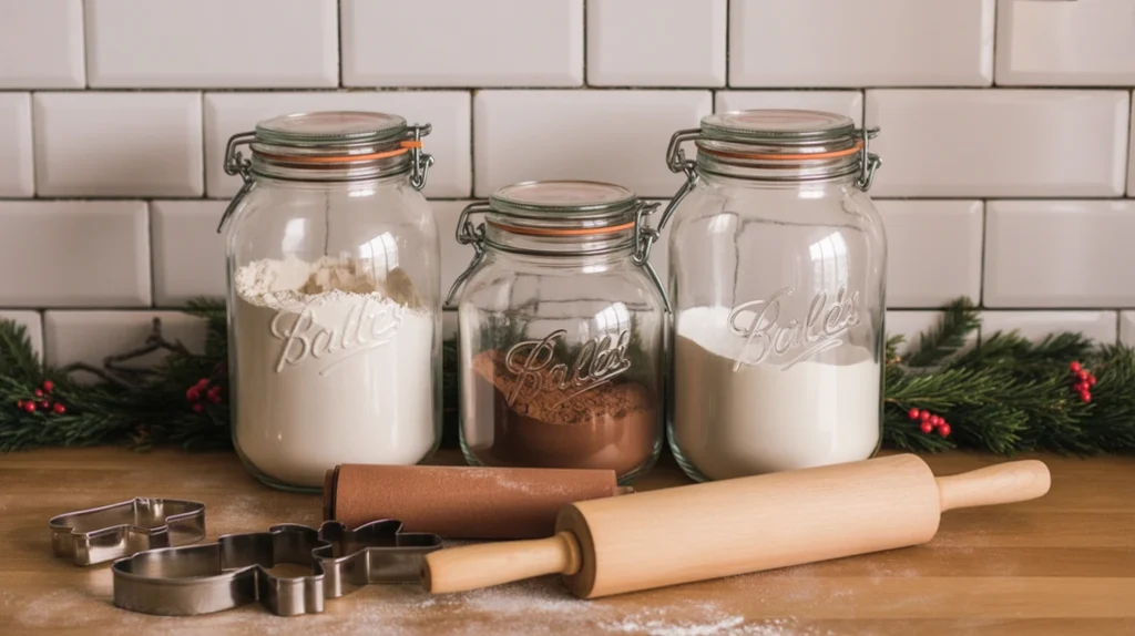 baking ingredients styled as decor in cozy christmas kitchen with flour jars and rolling pins