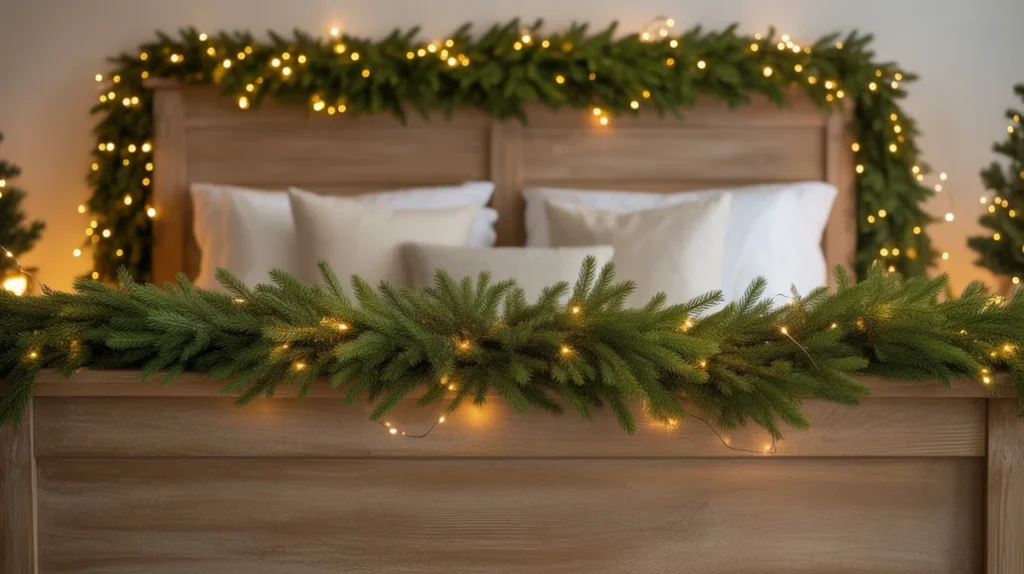 Bed frame decorated with garland and twinkle lights for cozy holiday ambiance