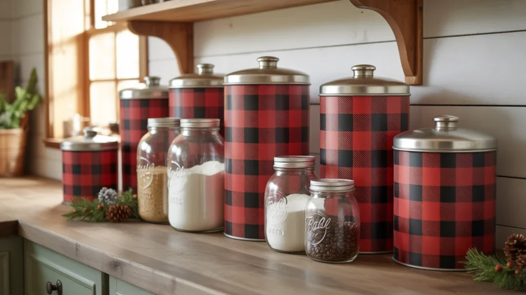 Buffalo plaid canisters and labeled jars creating a festive and organized holiday kitchen counter