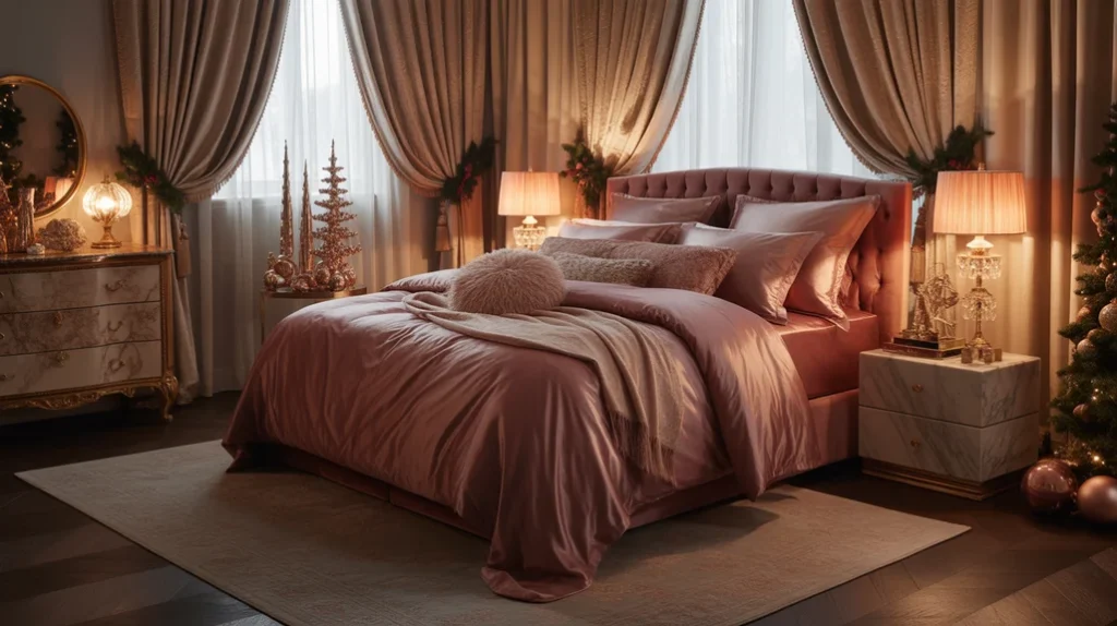 Burgundy and champagne Christmas bedroom with elegant holiday style