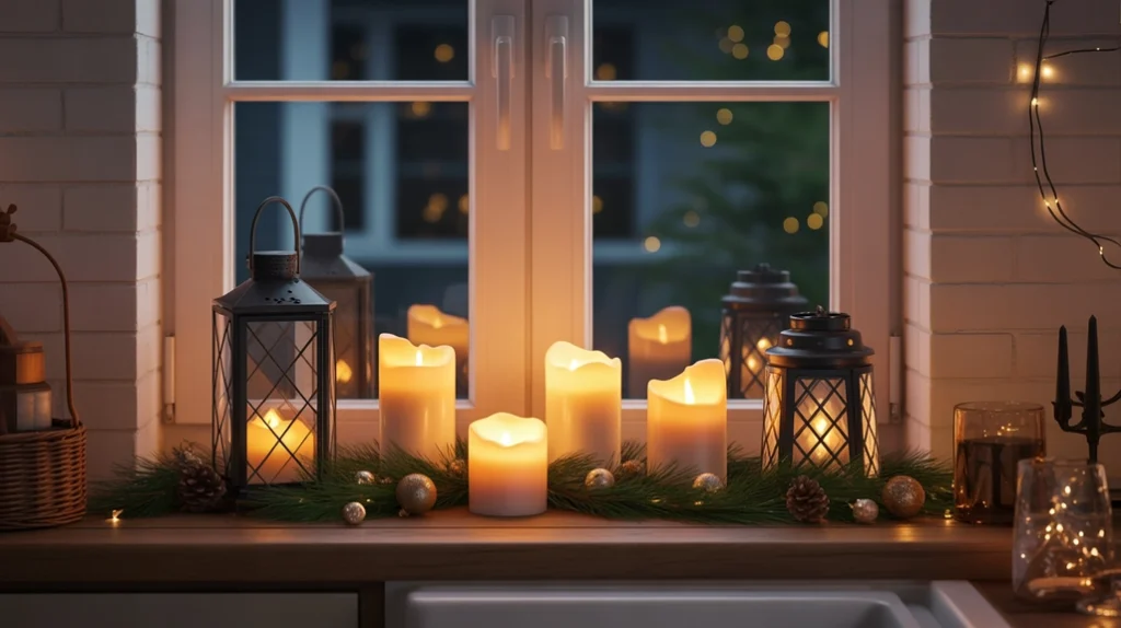 Candle lanterns and LED candles on a kitchen windowsill surrounded by greenery, cozy festive kitchen window lighting.