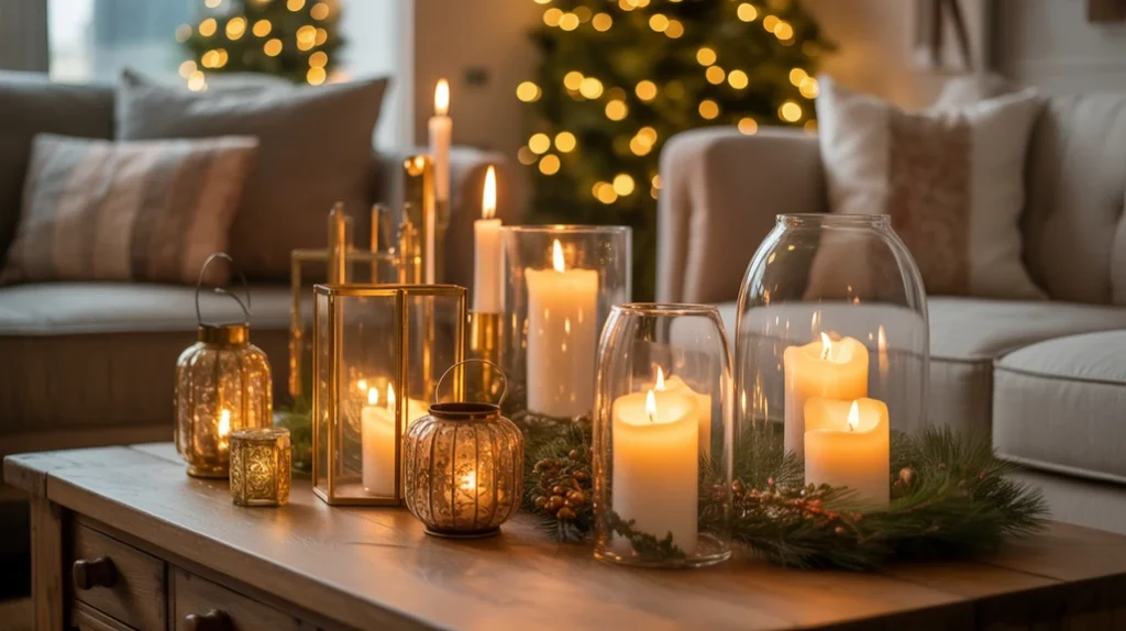 Cozy Christmas living room with candles and lanterns adding soft golden glow