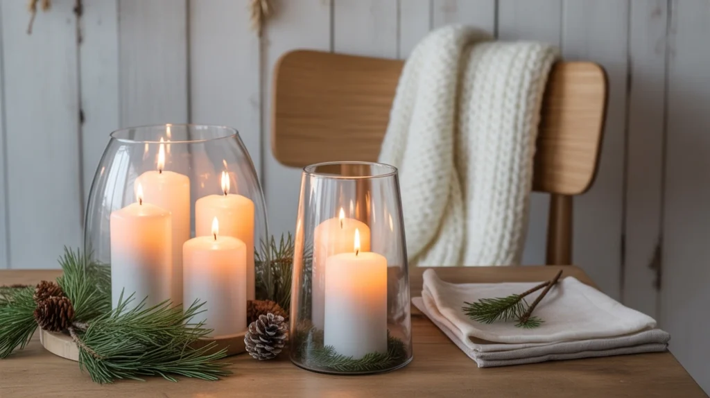 White candles in glass holders casting soft hygge glow in Scandinavian Christmas setting