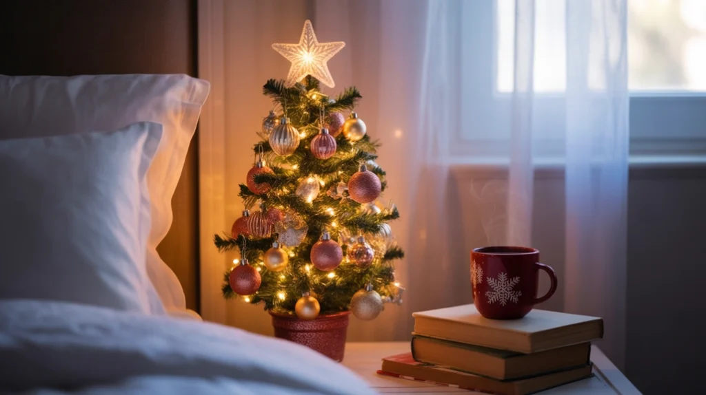 Small Christmas tree ideas for bedrooms with ornaments and cozy winter styling