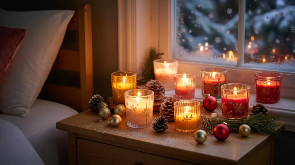 christmas candles and pine-scented decor creating warm festive atmosphere in winter bedroom
