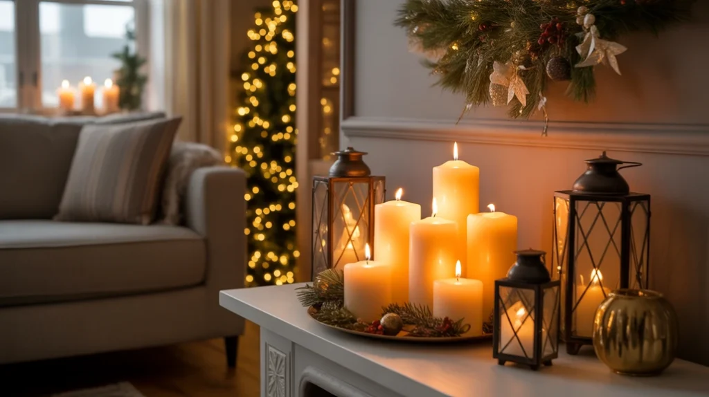 glowing candles and lanterns creating dreamy Christmas night aesthetic