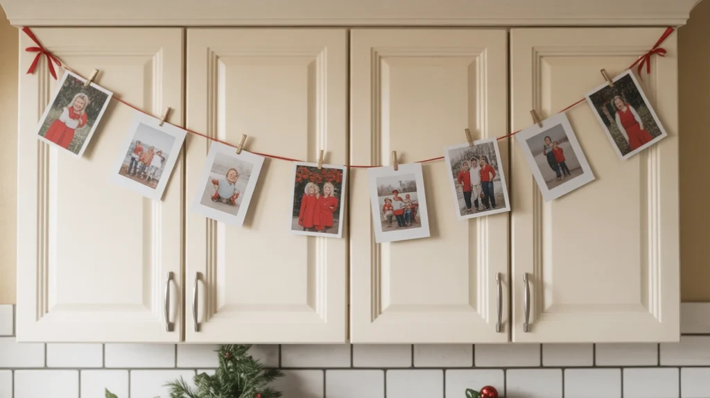 Kitchen cabinet doors showcasing Christmas cards and family photos for a personal and festive holiday touch