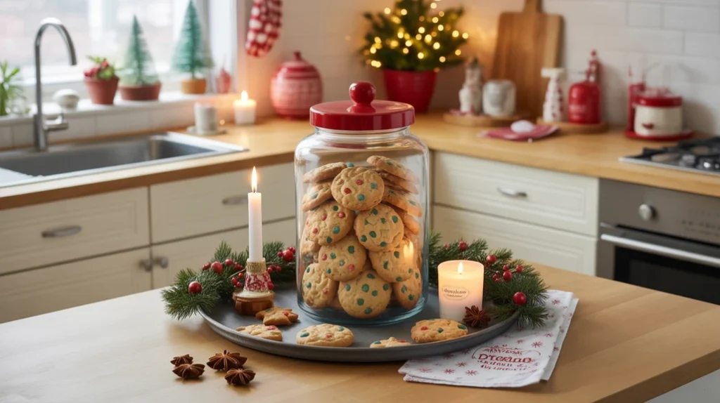christmas cookie jar on tray with candle, garland, and cozy holiday kitchen counter styling