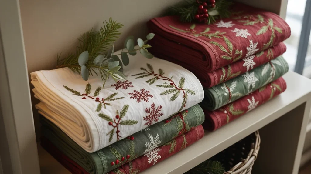 folded Christmas hand towels displayed on bathroom shelf with simple holiday accents