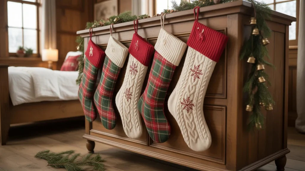 Plaid stockings hanging on dresser for a charming traditional Christmas bedroom look