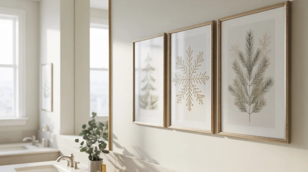Christmas wall art hanging in a bright bathroom bringing winter charm and seasonal style