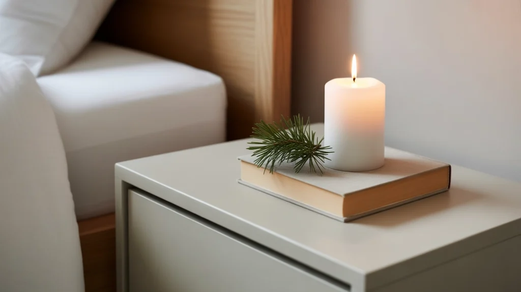 Clean and clutter-free Christmas bedroom decor with candle and pine branch on simple nightstand