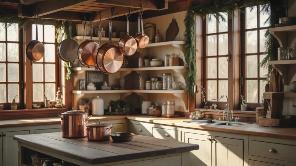 copper pots and metal trays bringing warm rustic glow to farmhouse christmas kitchen decor