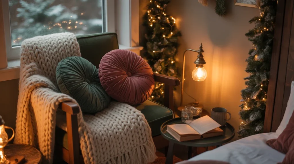 Cozy reading corner with cushions, blanket, and soft lighting in festive small bedroom