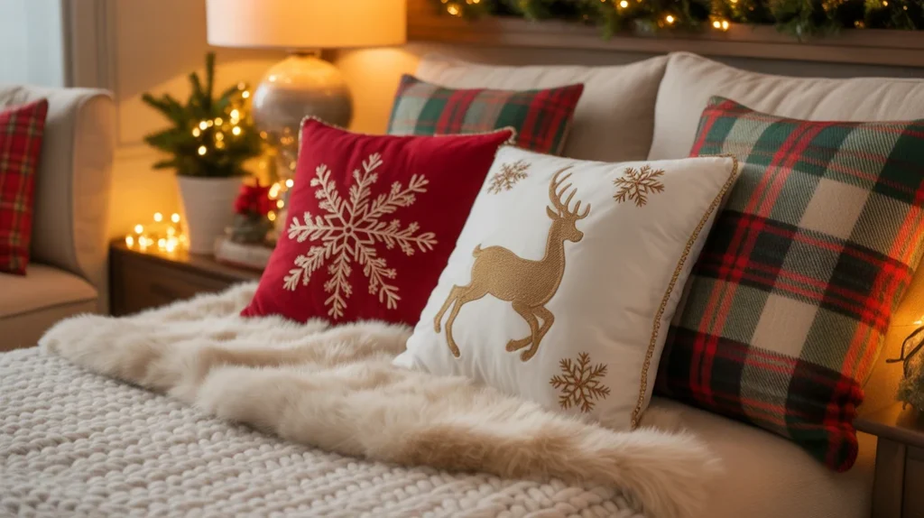 Cozy holiday corner with throws and pillows creating a warm festive space