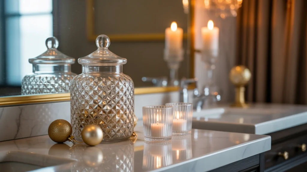 crystal jars and glass decor pieces creating sparkle in glam christmas bathroom decor