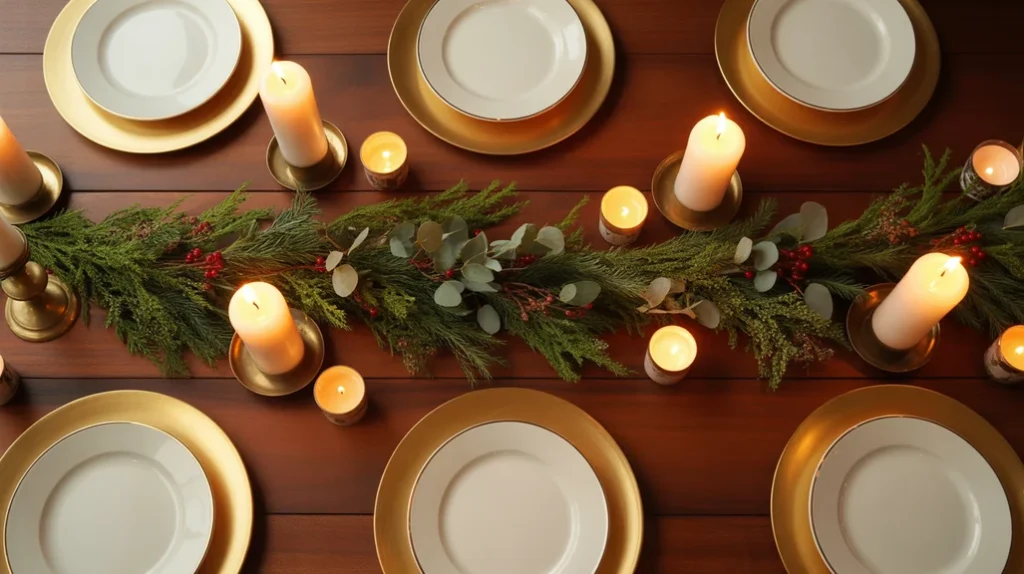 Simple Christmas dining table with decorative chargers and subtle greenery accents