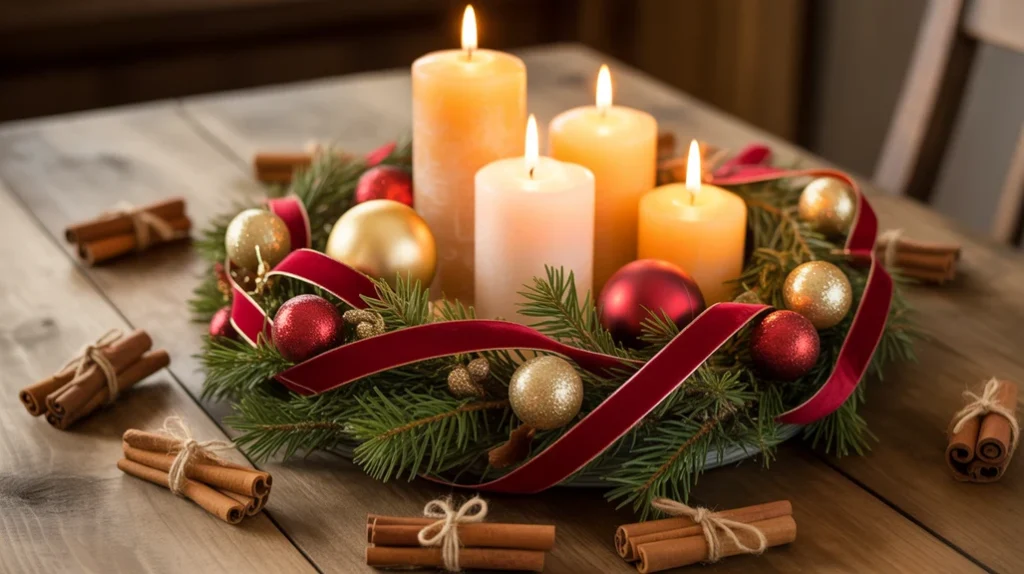 DIY Christmas centerpiece with ornaments, pine sprigs, and candles for a festive kitchen table