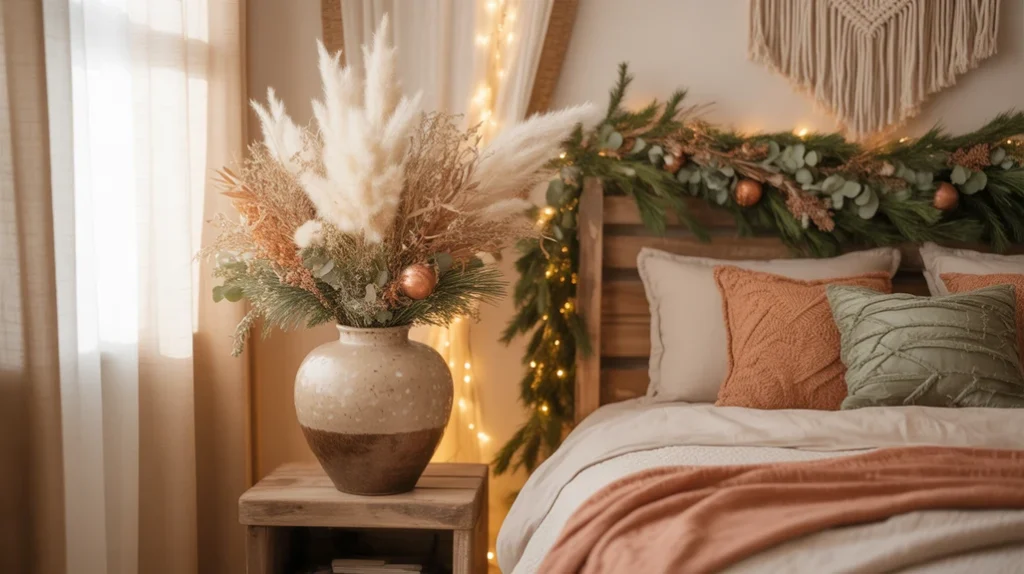 Pampas grass and dried floral arrangements creating natural festive touch in boho Christmas bedroom