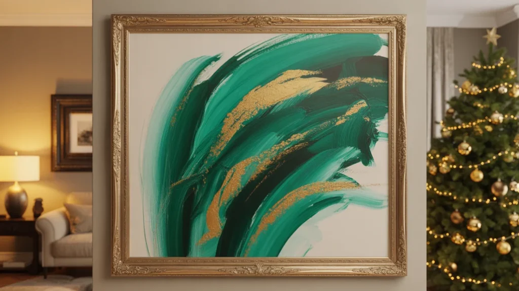 Abstract emerald and gold wall art framed in metallic gold for a modern, stylish Christmas living room.