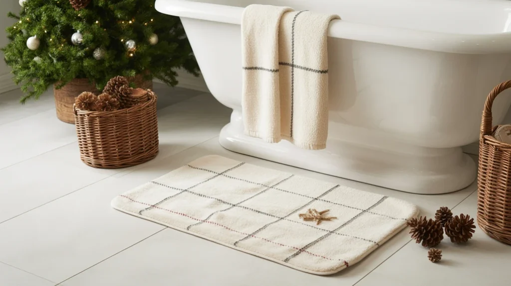 farmhouse-style christmas bath mat adding warm winter texture to country bathroom