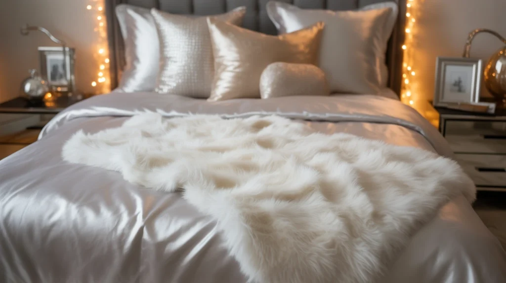white faux fur throw over silver bedding creating cozy texture in chic modern Christmas bedroom decor