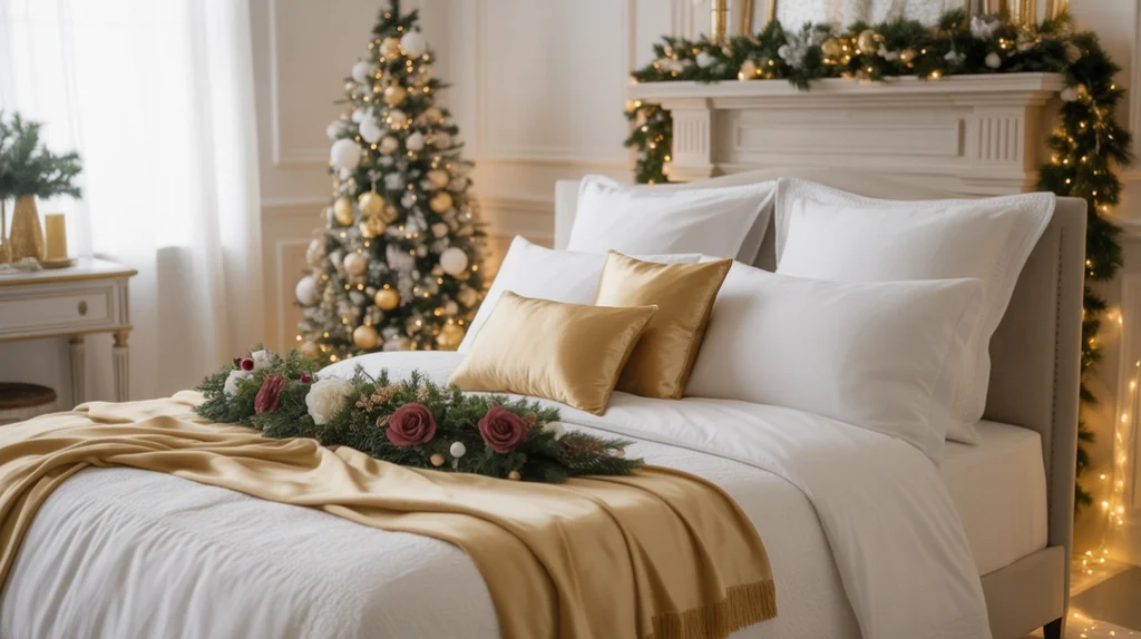White and gold Christmas color palette in a large master bedroom with elegant decor and warm glow