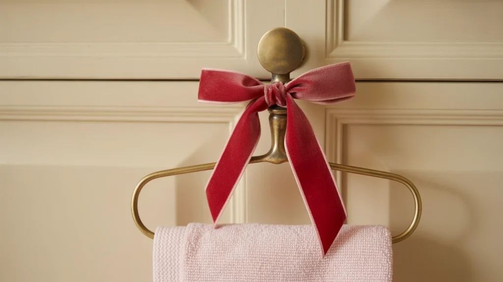 velvet ribbon tied to a cabinet knob for a simple festive bathroom accent