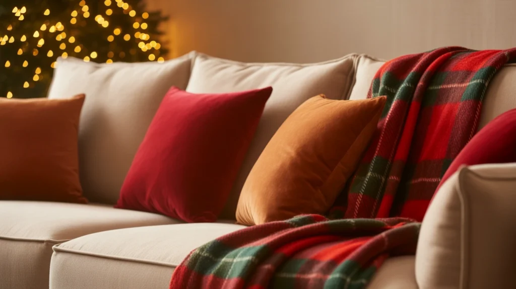 Christmas-themed sofa with plaid blankets and festive pillows creating cozy living room setup