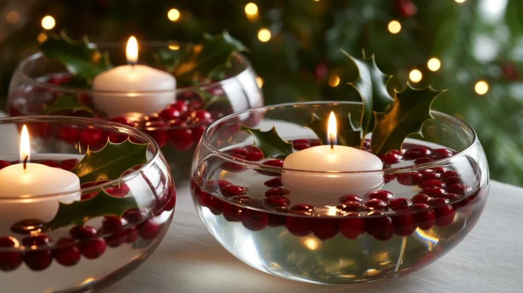Floating tea light candles in glass bowls with cranberries and holly leaves for romantic Christmas table decor.