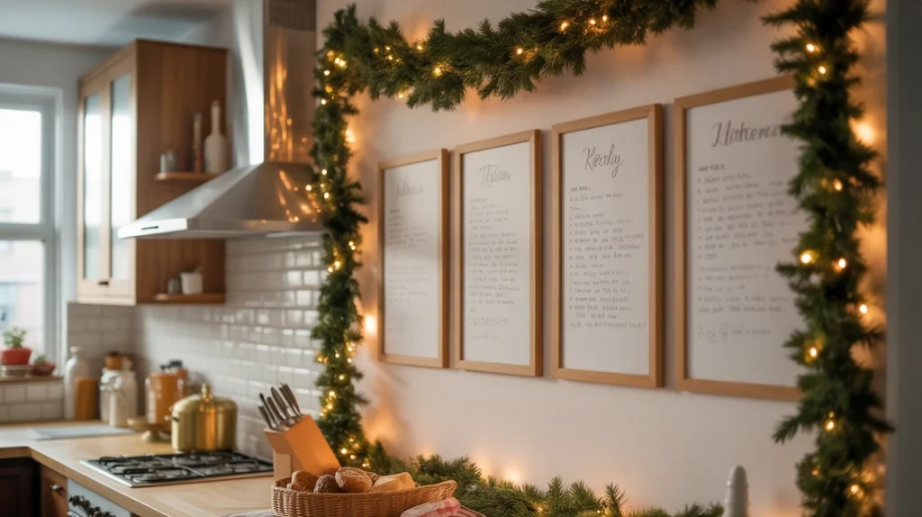 Framed handwritten family recipes on a kitchen wall surrounded by garlands, a sentimental Christmas wall decor idea.