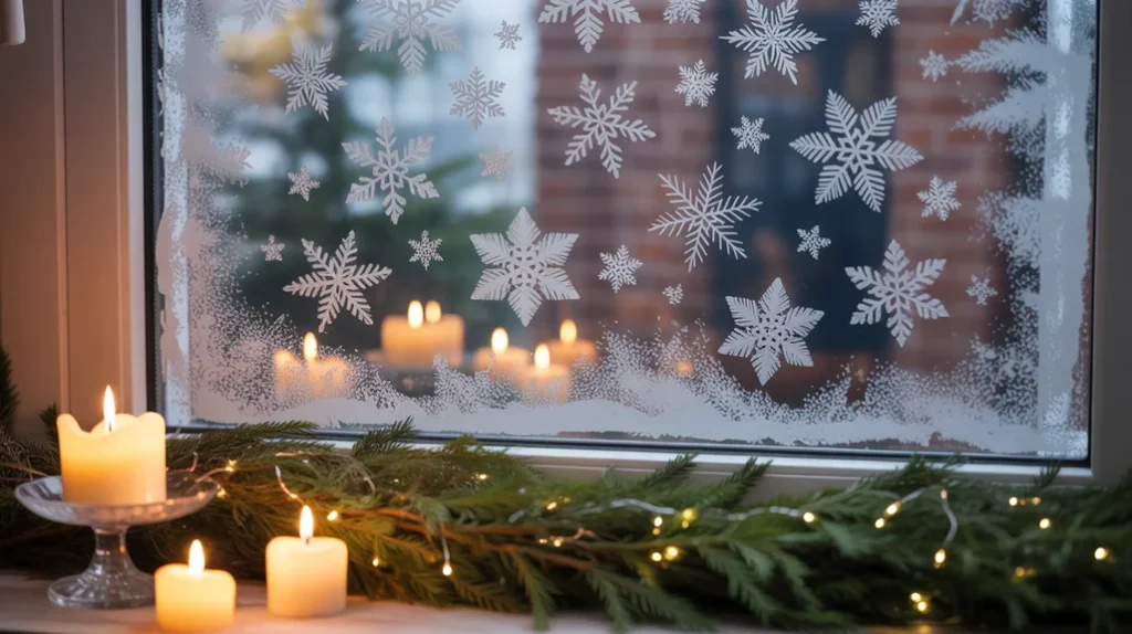 Frosted snowflake stickers and snow spray on window glass for an easy winter Christmas decoration.