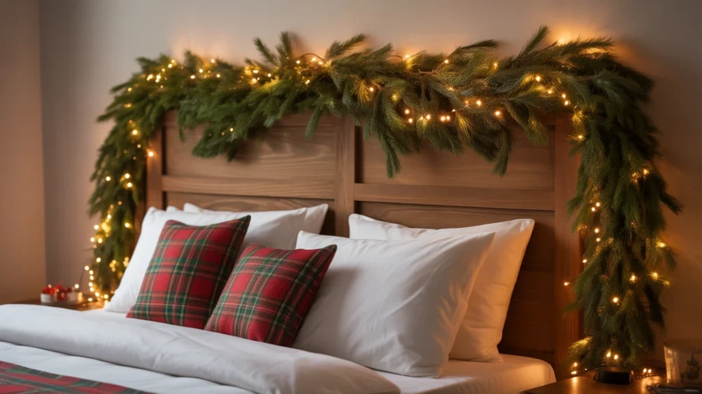 Lighted garland along headboard for festive natural Christmas bedroom lighting ideas