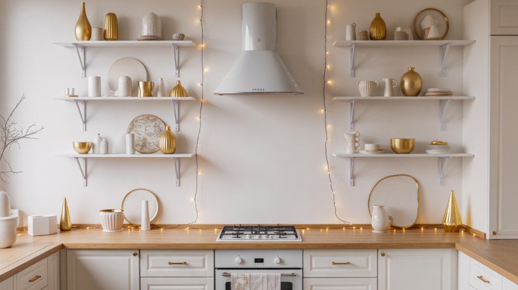 Open kitchen shelves styled with gold vases, white ceramics, and soft lights for a minimal elegant Christmas kitchen look.