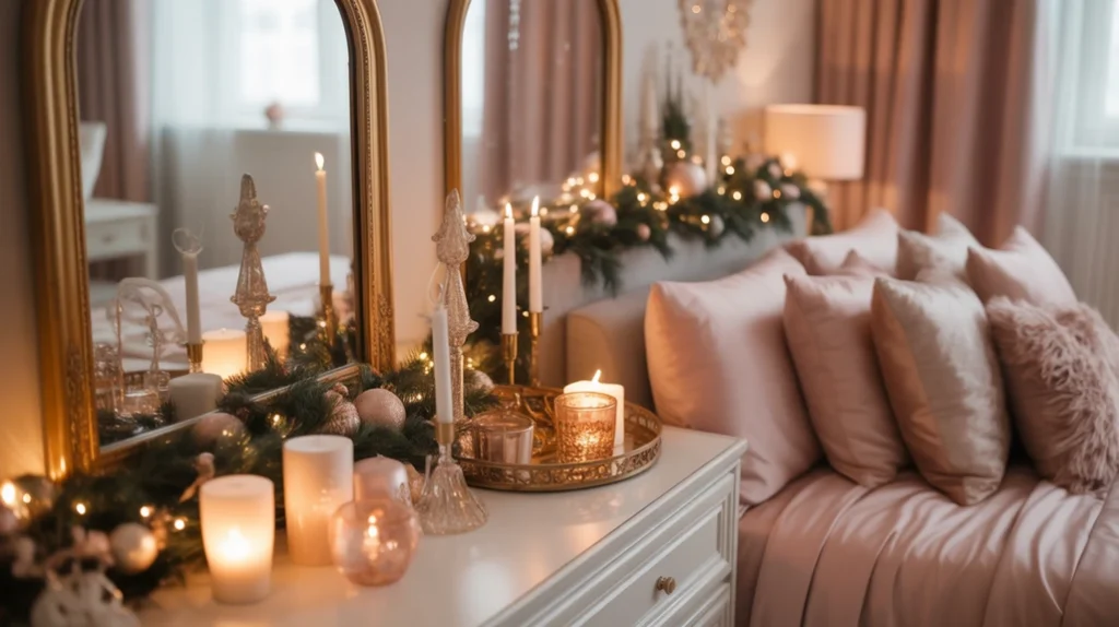 gold framed mirror and candle holders highlighting pink Christmas bedroom ideas with luxurious feminine touch
