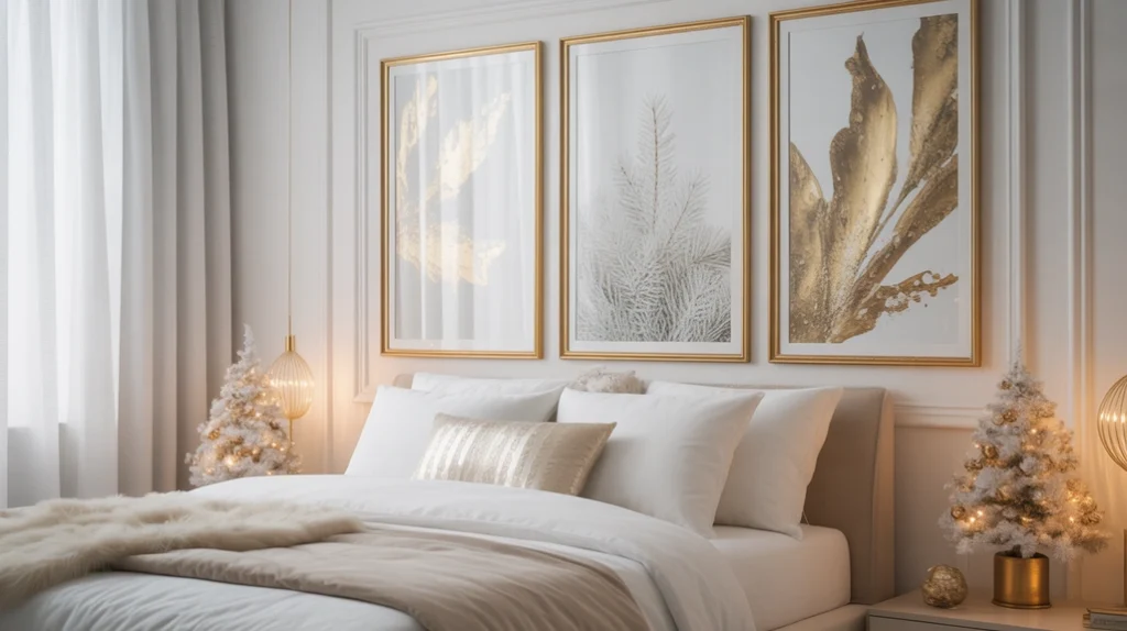 Gold-framed winter wall art enhancing the elegant white and gold Christmas bedroom theme.