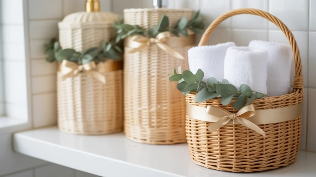bathroom jars and towels styled with gold ribbon and christmas accents