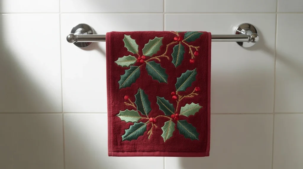 “cream-colored holiday hand towel with a small embroidered christmas design”