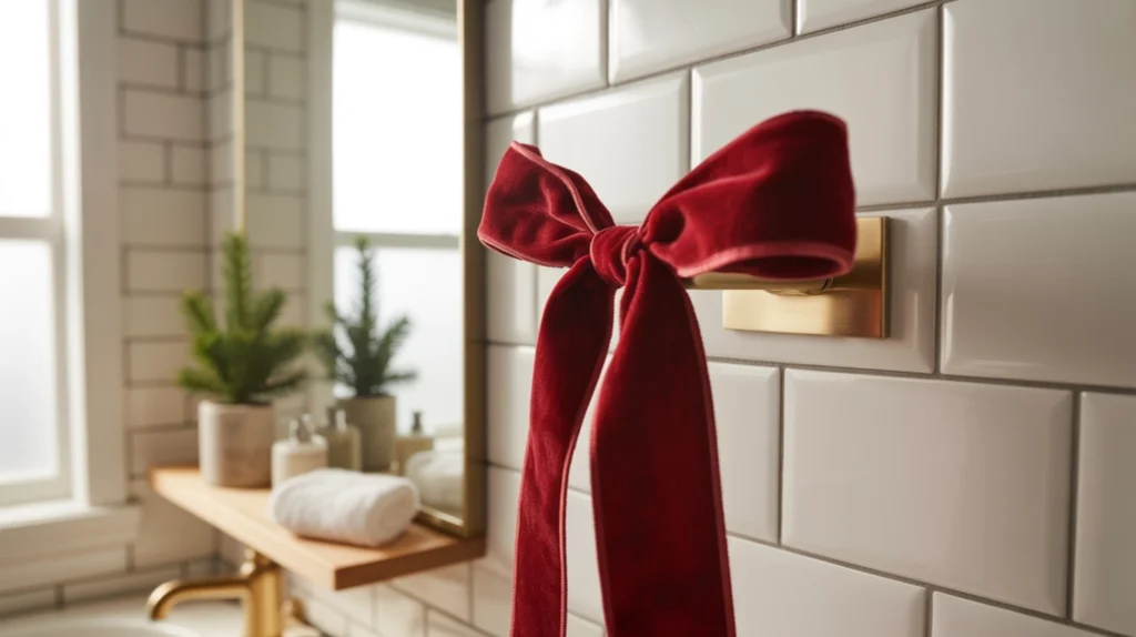 velvet ribbon tied to cabinet hardware creating a simple cozy holiday bathroom touch