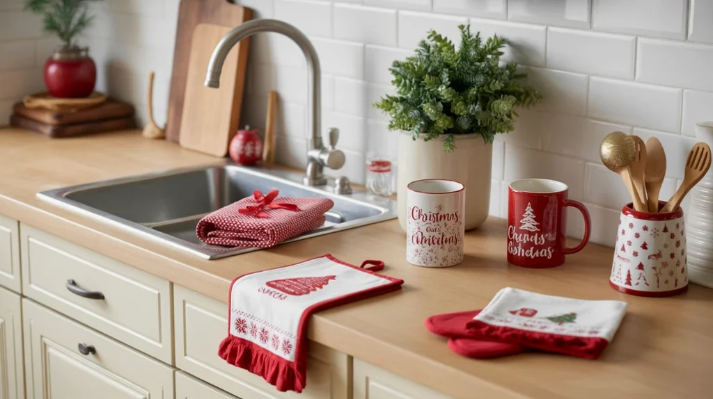 Christmas mugs, towels, and utensils arranged neatly on kitchen counter bringing fun and coordinated holiday style